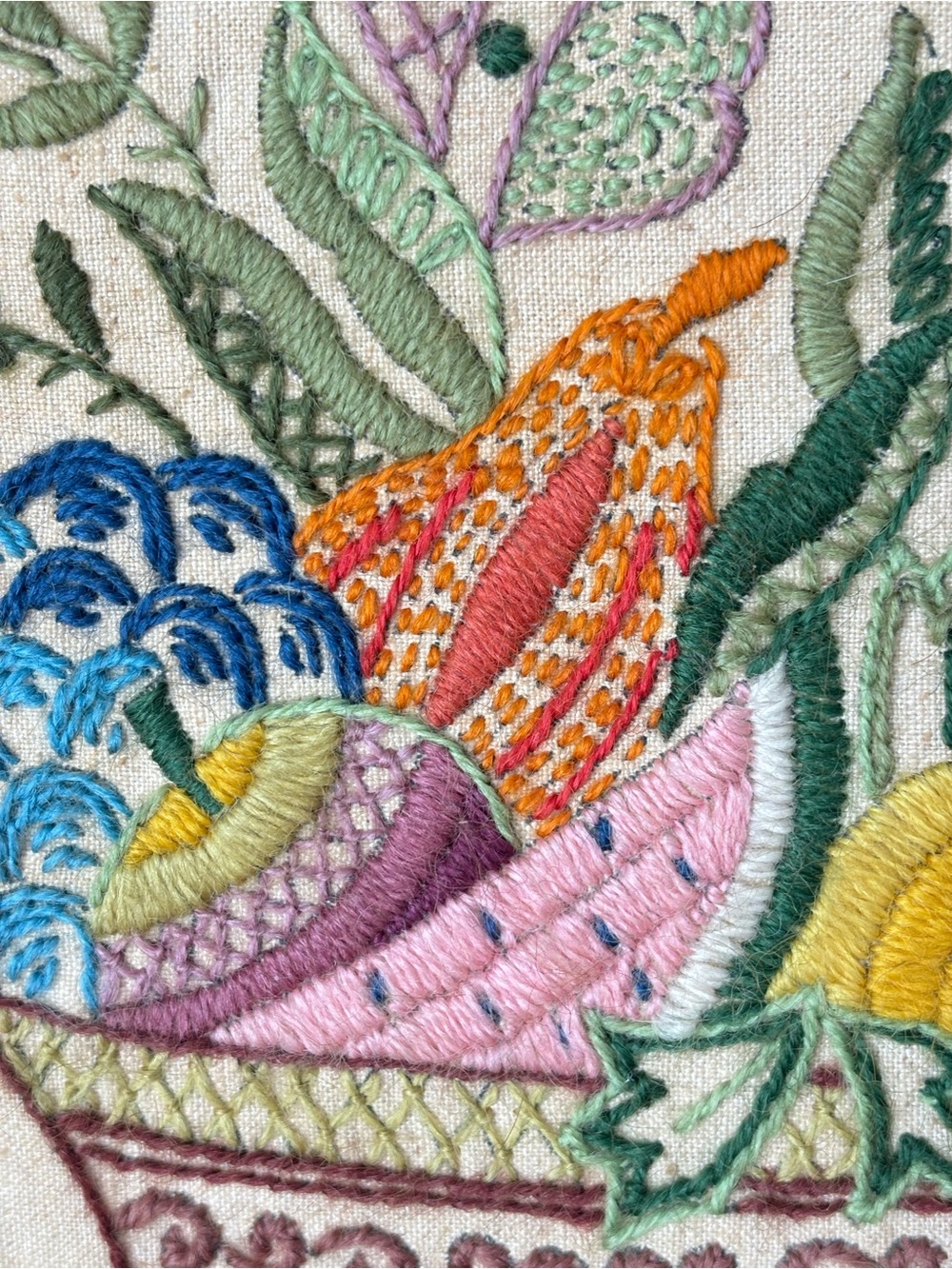 Vintage Hand-Embroidered Needlepoint Floral Fruit Basket Wall Art 14" x 14" - Picture 12 of 17
